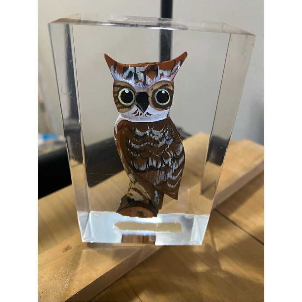 Vintage handcarved wooden horned owl paperweight